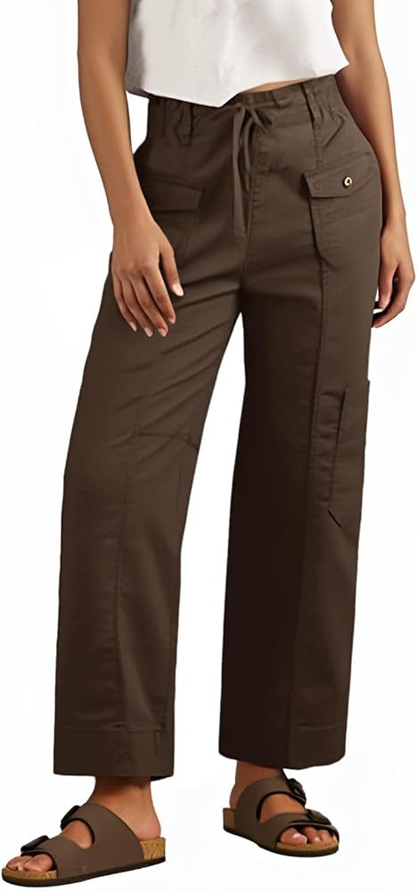 Fisoew Womens 100% Cotton Cargo Pants Drawstring Elastic Waist Casual Hiking Work Pants with Mult... | Amazon (US)