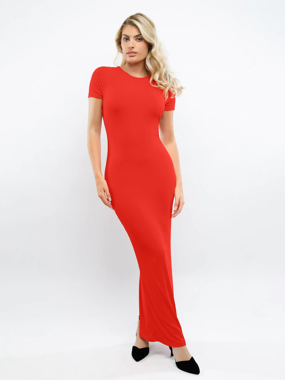 Built-In Shapewear Mock Neck Modal Short Sleeve Maxi Dress | Popilush