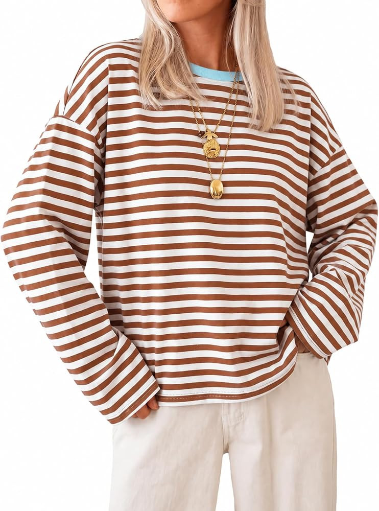 Cicy Bell Womens Striped Long Sleeve Shirts Crew Neck Casual Cotton Tops | Amazon (US)