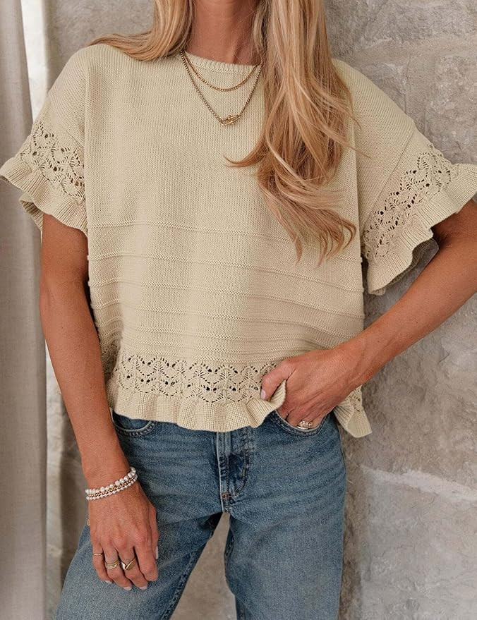Yeokou Womens Short Sleeve Sweater Round Neck Ruffled Hem Knit Crochet Pullover Summer Fall Casua... | Amazon (US)
