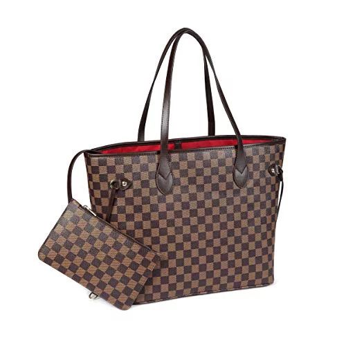 Daisy Rose - Daisy Rose Checkered Tote Shoulder Bag with Inner Pouch - PU Vegan Leather (Brown) -... | Walmart (US)