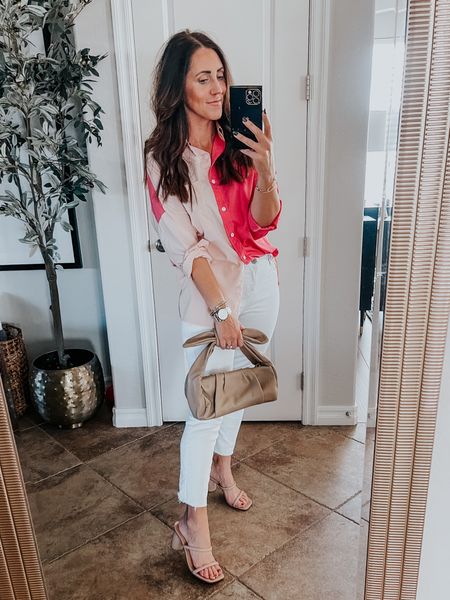 Hot pink and light pink color block, button down shirt (wearing size small) pink blouse for Valentine’s Day! Amazon Valentine’s Day outfit idea 💕 amazon fashion 

#LTKunder50 #LTKsalealert #LTKFind