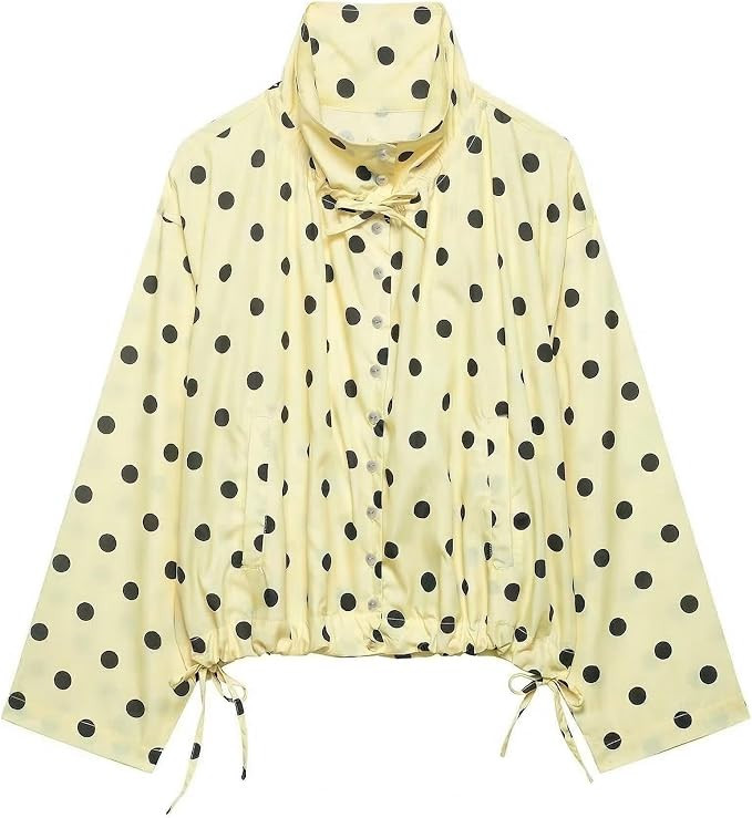 Womens Polka Dot Button Down Jacket Stand Collar Long Sleeve Cropped Coat Adjustable Hem Cute Tre... | Amazon (US)
