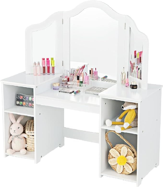 INFANS Kids Vanity, 2 in 1 Princess Makeup Desk Set with Tri-Folding Detachable Mirror, Large Sto... | Amazon (US)