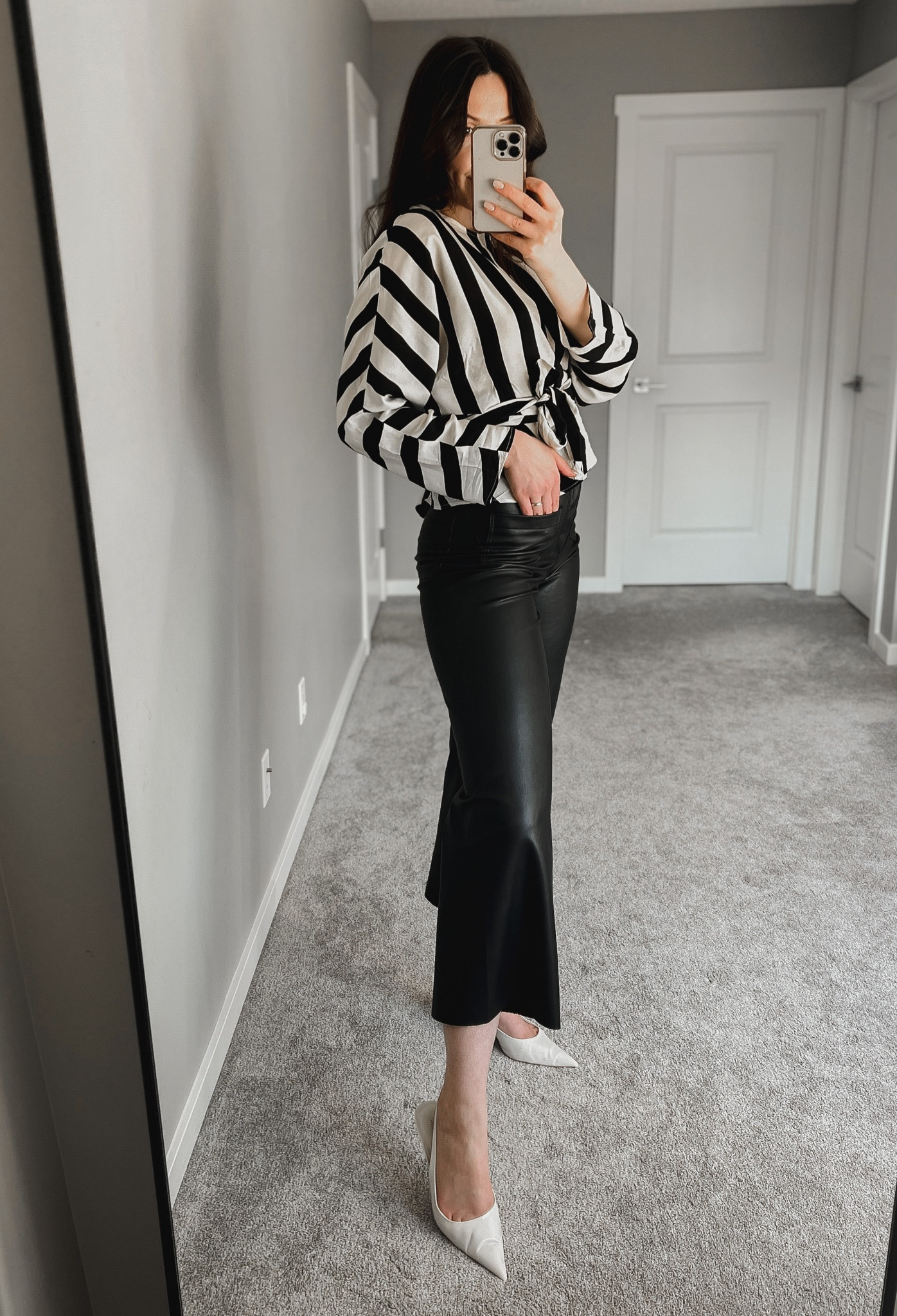Styling leather trousers for work, office outfit, spring workwear. Leather pants and slingbacks are Zara, linked similar.

#LTKunder50 #LTKworkwear #LTKFind