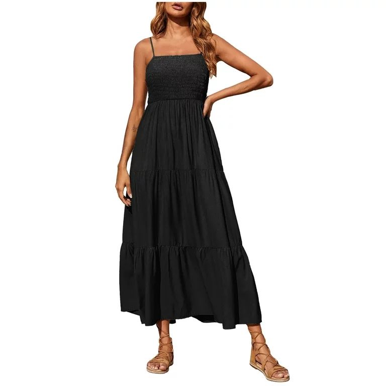 AOOCHASLIY Sun Dresses for Women Clearance Beach Bohemian Spaghetti Strap Smocked Tiered Long Bea... | Walmart (US)