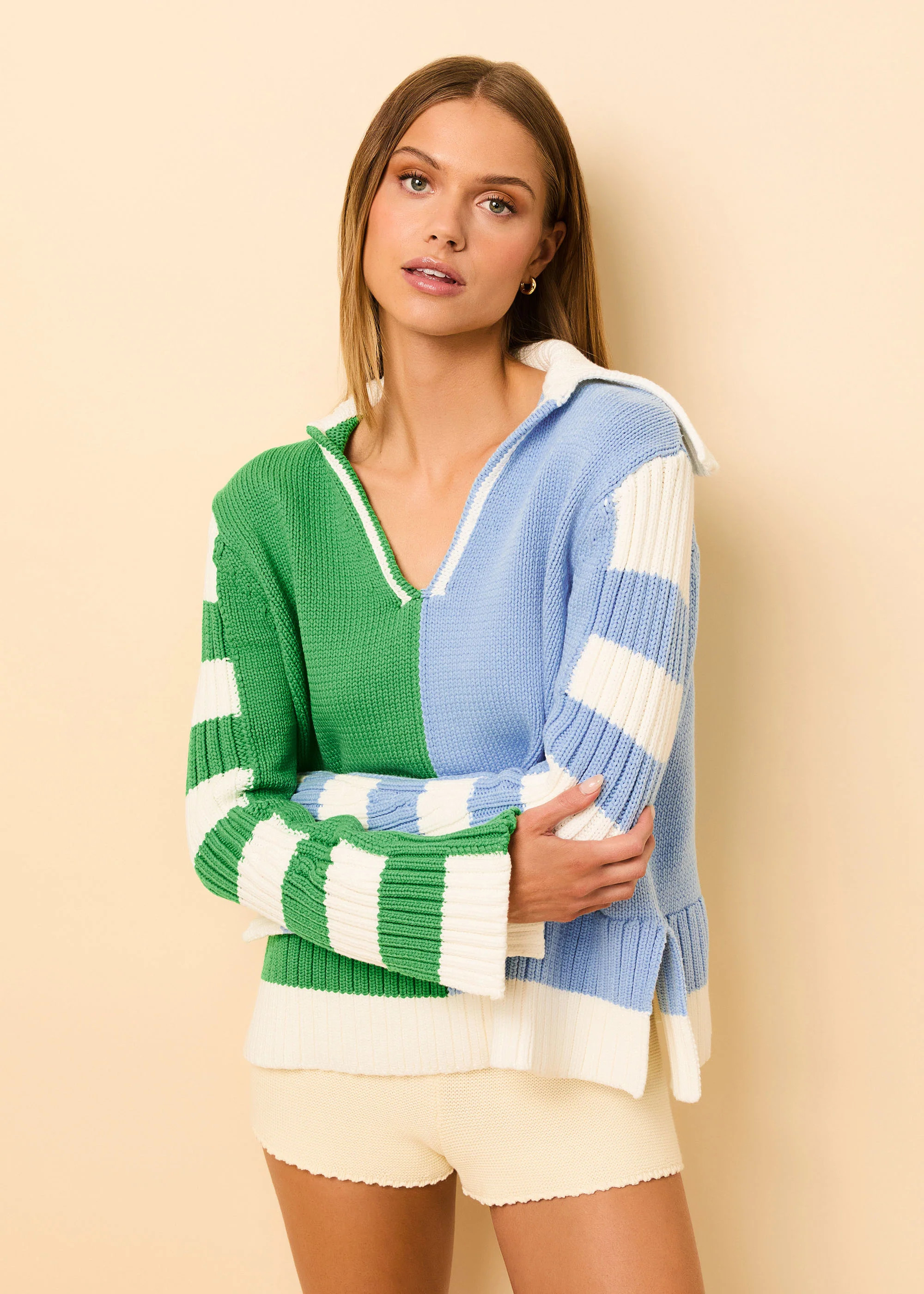 Jack Sweater Colorblock Turtle Green / Blue Lagoon | Solid & Striped