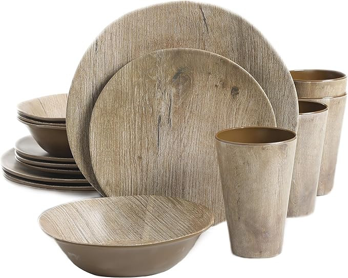 Amazon.com | Gibson Home Woodlands Round Melamine Dinnerware Set, Service for Four (16pcs), Wood:... | Amazon (US)