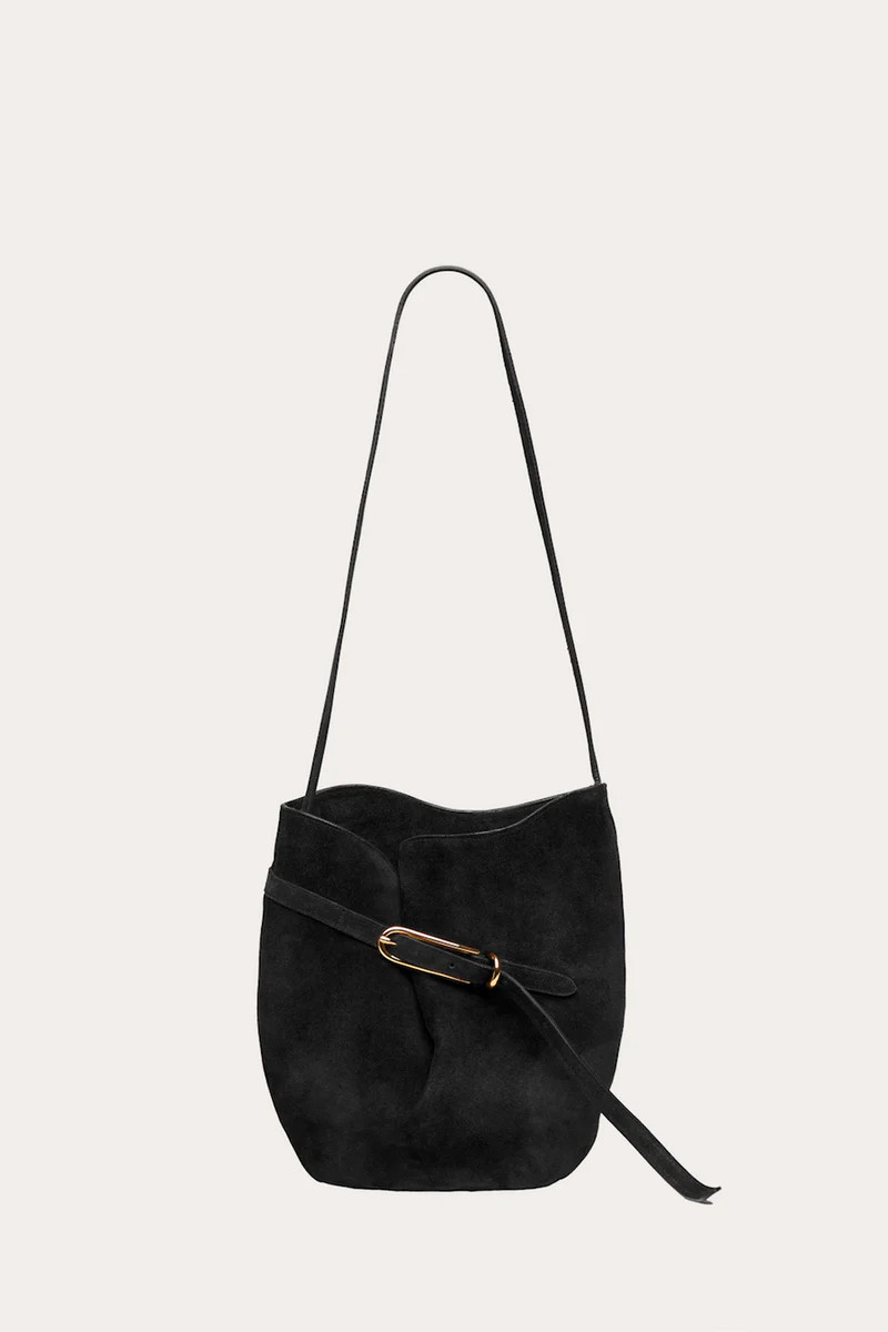 Belted Bucket Bag Black Suede | LITTLE LIFFNER