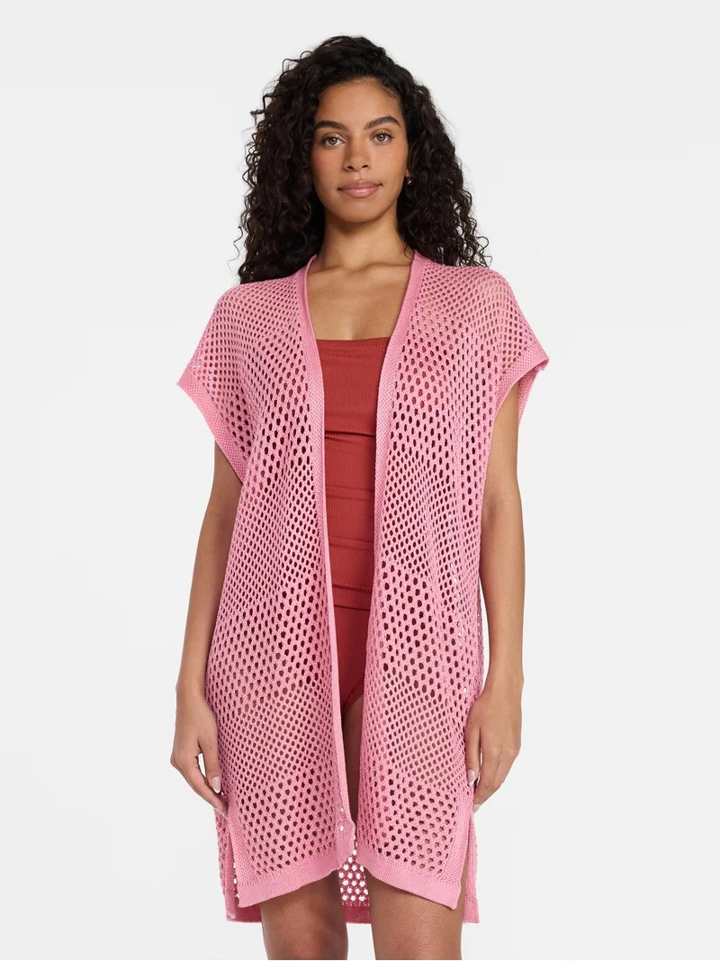Time and Tru Women's Openwork Knit Coverup, Size L/XL, Pink Pottery | Walmart (US)