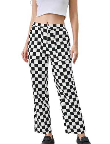 HOCANDY Womens Checkered Pants Zip Off Plaid Gingham Pants Casual Elastic High Waist Straight Leg Jeans with Pockets Black White | Amazon (US)