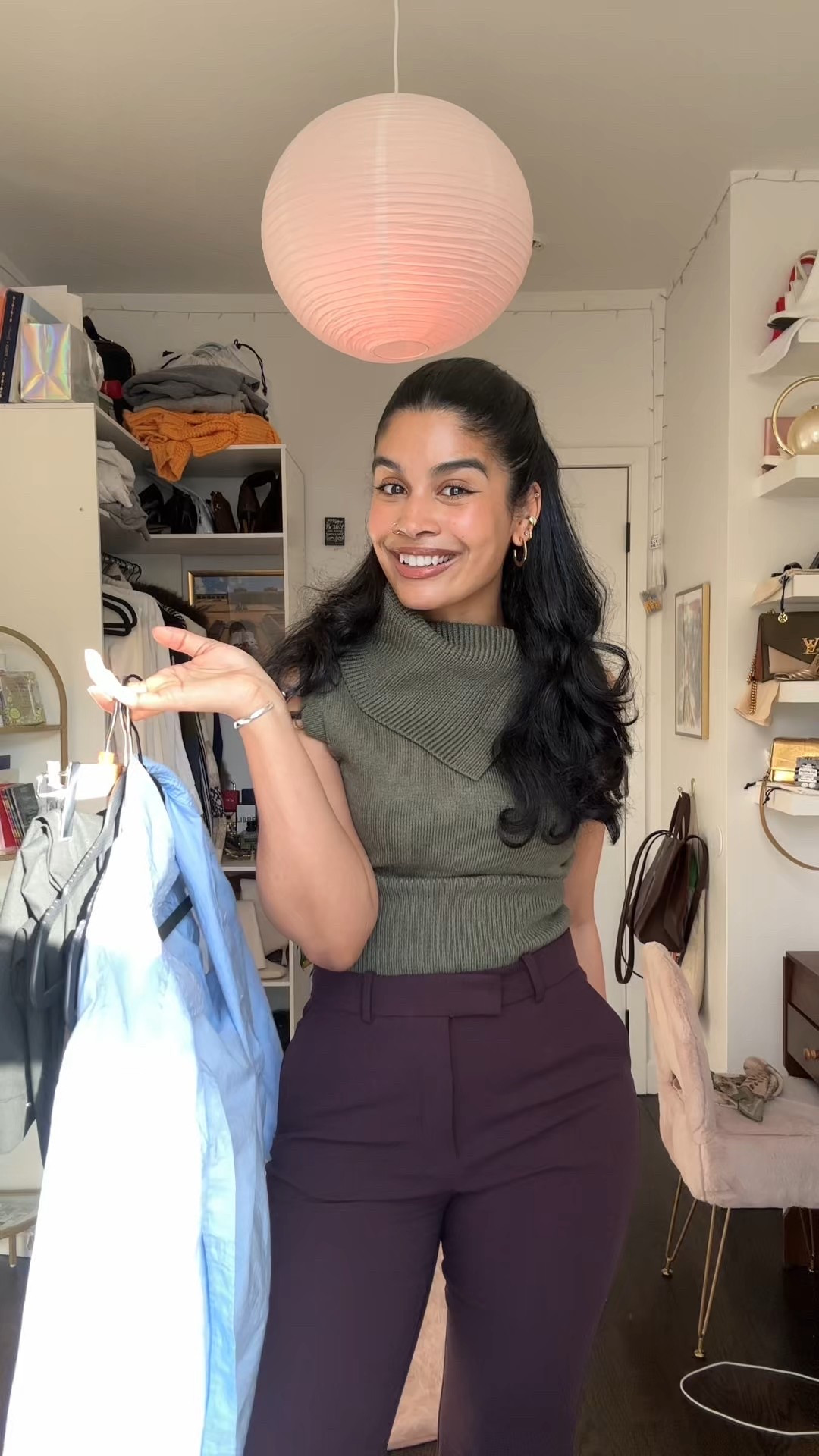 let’s pick an outfit for my first day at my new office! :) Here’s the outfit details 🫶🏽 
linking everything I can directly, but for the items that aren’t available to link:
1. outfit 1
Top: green sweater is from Zara, code 194/500. Sold out online, but I found it secondhand on poshmark. It’s originally called the “lapel knit top”
pants - linked!
purse - linked! 

outfit 2: 
top - linked! I’m wearing it in the color light blue. 
pants - the pleated pants are from Zara!  “TAUPE BROWN | 4661/408/707”

outfit 3: 
top- the blazer is from H&M! It’s called the “off the shoulder jacket”. It’s sold out though, but here’s the article # to try to find it secondhand: 1316132001
pants- linked, they’re from Uniqlo! 
boots: linked! Dolce Vita is SO comfy, I can last hours in them. They’re gonna take all my money, I can feel it😭