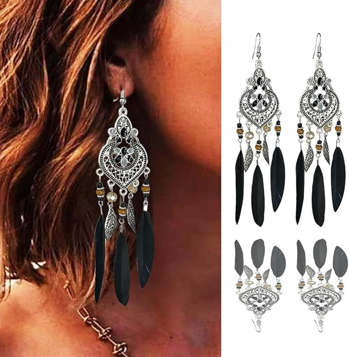 Bohemian Earrings Feather Tassel Silver Ethnic Retro Boho Dangle Earring Bead Women Jewelry for B... | Amazon (US)