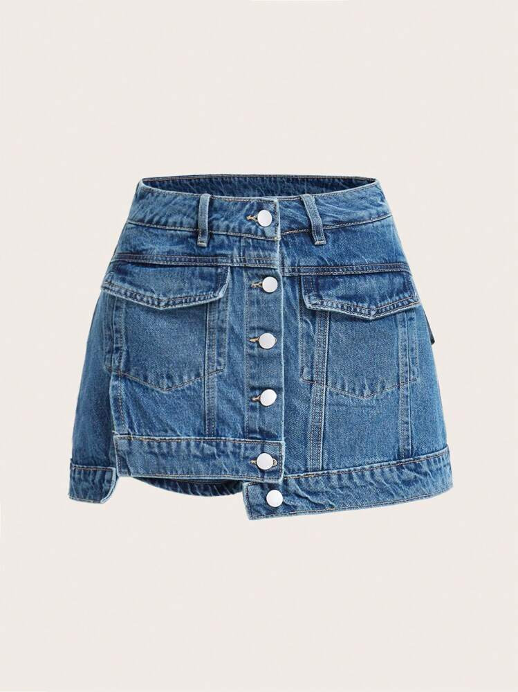 SHEIN ICON Flap Pocket Button Front Denim Skort | SHEIN