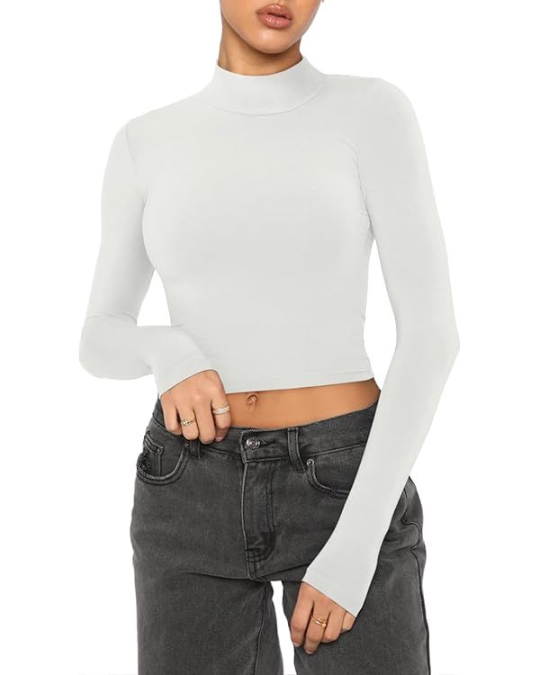 REORIA Women's Cute Mock Turtleneck Long Sleeve Ribbed Tight Tshirts Crop Tops | Amazon (US)