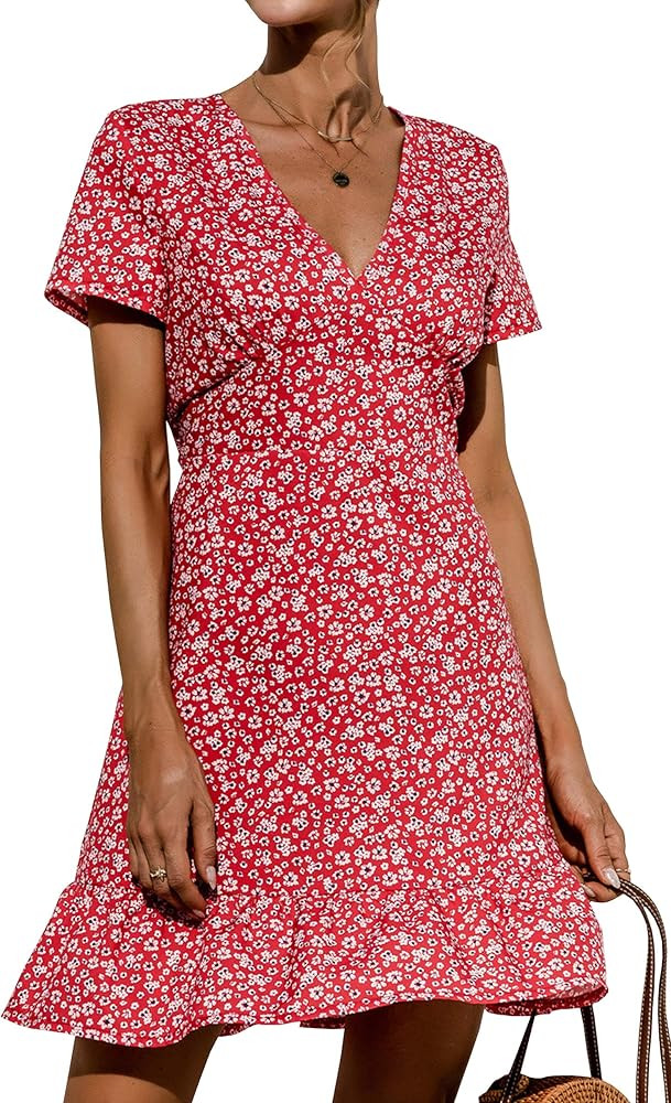 ECOWISH Womens Deep V Neck Floral Leopard Dress Short Sleeve Sexy Ruffles Fashion Mini Dress | Amazon (US)