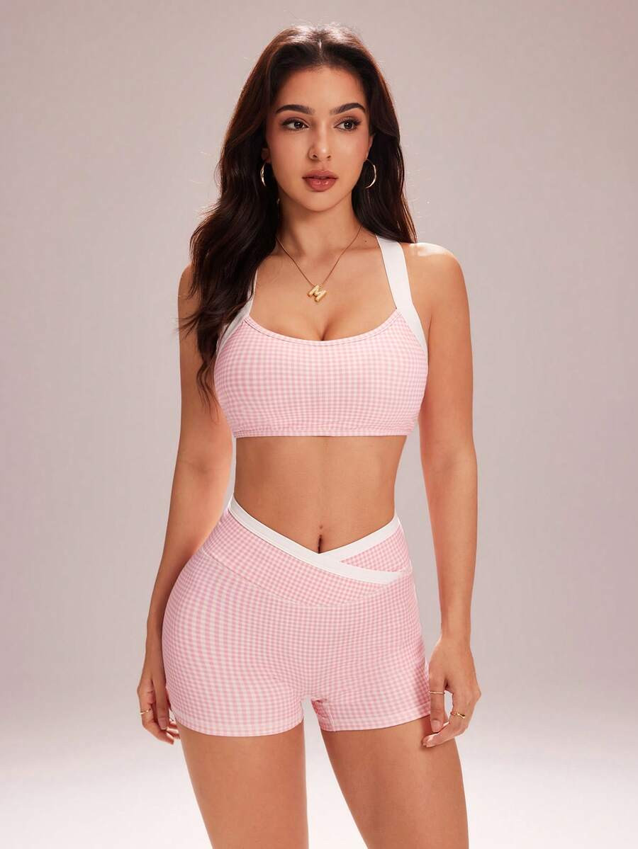 WanderVale 1 Set Pink & White Plaid Sports Suit For Women, Criss-Cross Waist Shorts, Criss-Cross ... | SHEIN