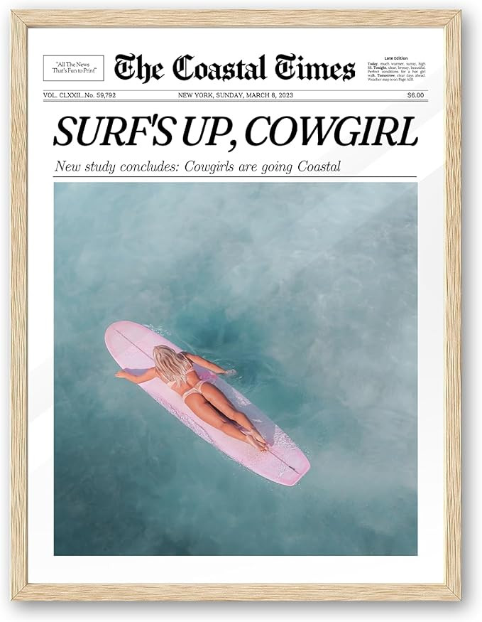 iHery Framed Coastal Trendy Cowgirl Wall Art Decor, Natural OAK Wood 12x16in Canvas Newspaper Ret... | Amazon (US)