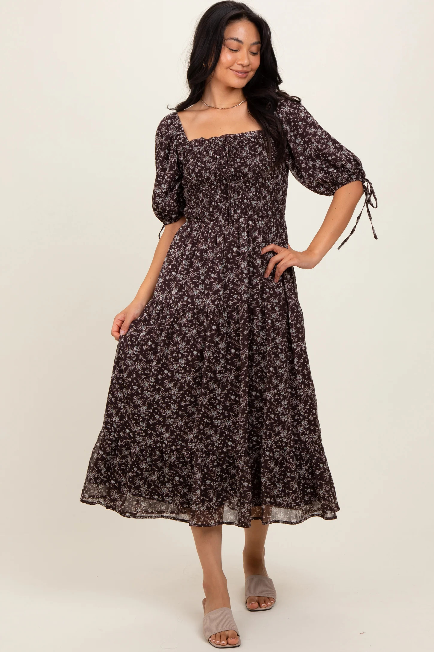 Dark Brown Floral Smocked Sleeve Tie Midi Dress | PinkBlush Maternity