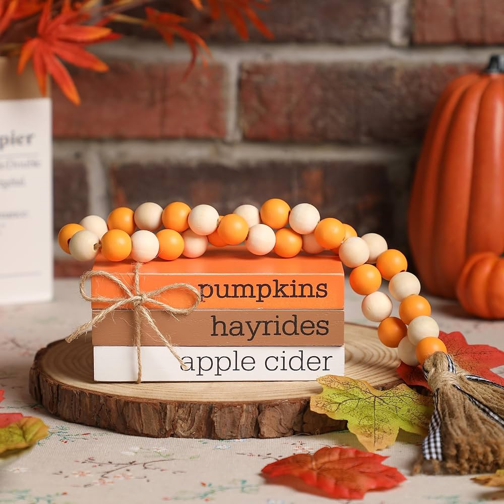 Fall Tiered Tray Décor, Wood Book Stack with Maple Leaves and Fall Bead Garland, Fall Decor for ... | Amazon (US)