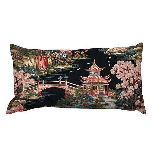 MISSUYSA Chinoiserie Charcoal Coral Pagoda Throw Pillowcase Traditional Lumbar Throw Pillow Cover 12x18 Decorative Pillow Home Cotton Linen Retro Rustic Throw Pillow Case for Sofa Bed Office | Amazon (US)
