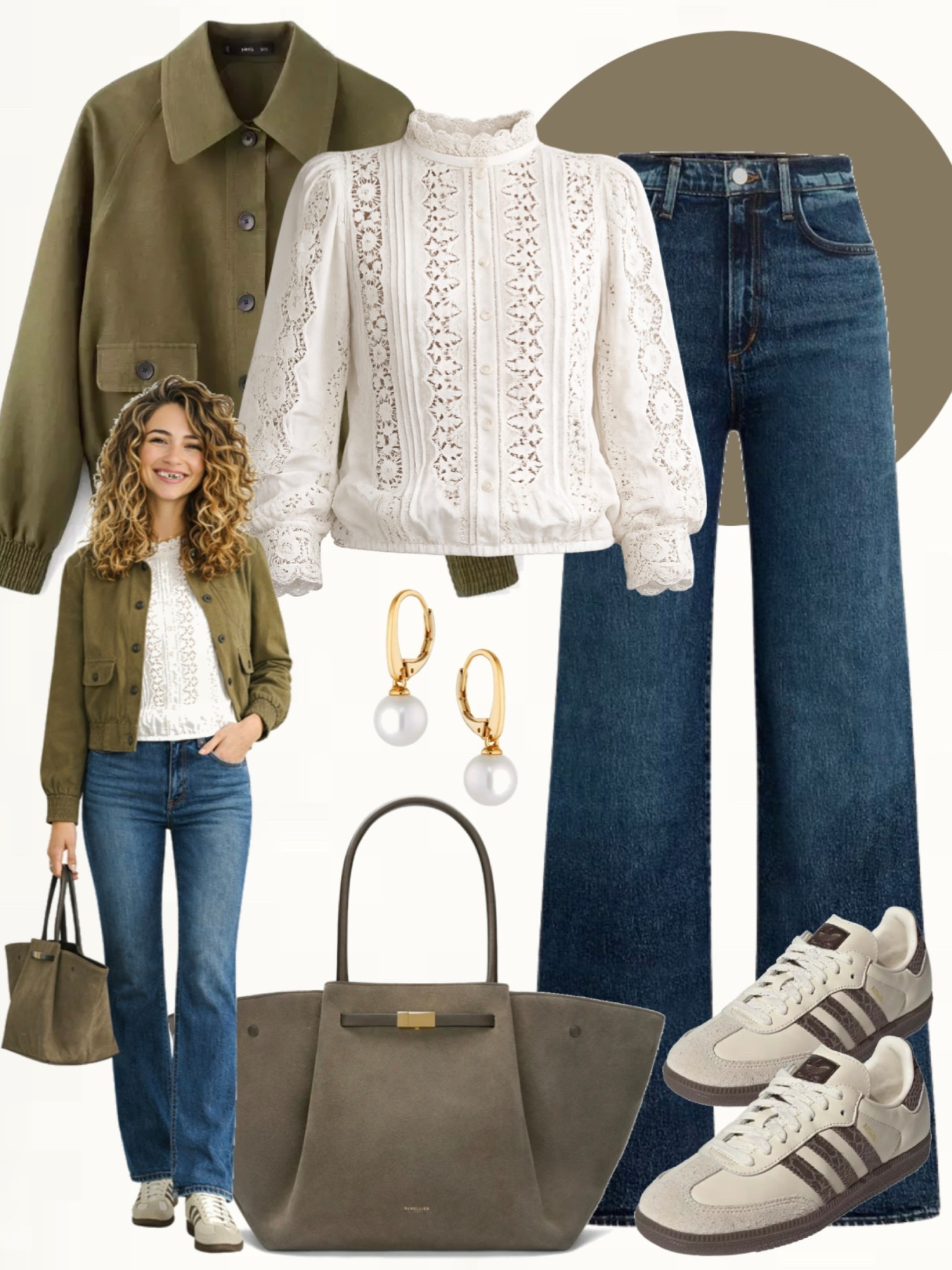 Medium wash straight-leg jeans styled with a white lace blouse and an olive green jacket. Paired with neutral Adidas sneakers, a green structured bag, and delicate gold and pearl jewelry.
#casualstyle #neutraloutfits #everydaywear

#LTKSeasonal #LTKOver40 #LTKootd
