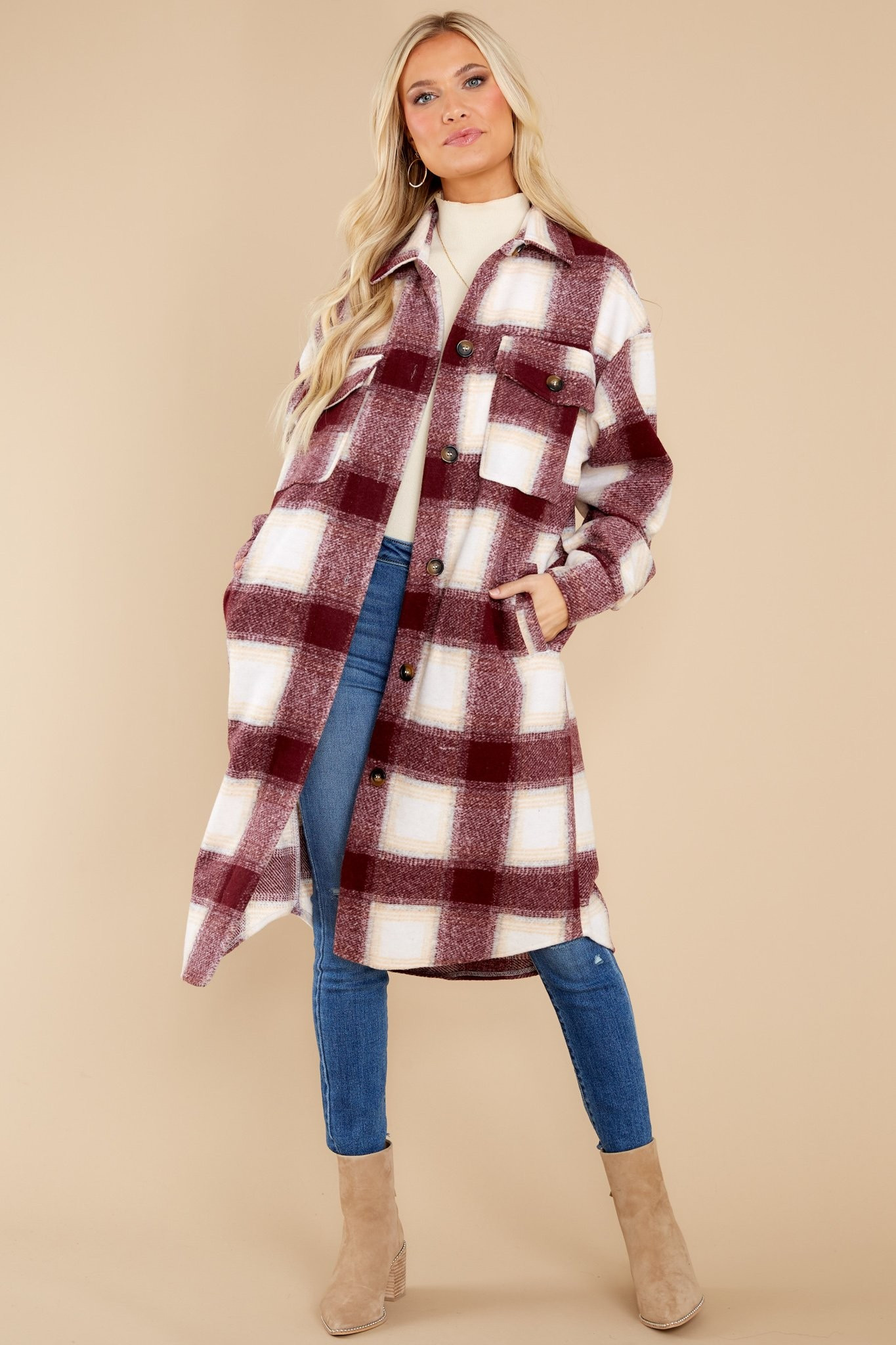 Chill Time Burgundy Plaid Coat | Red Dress 