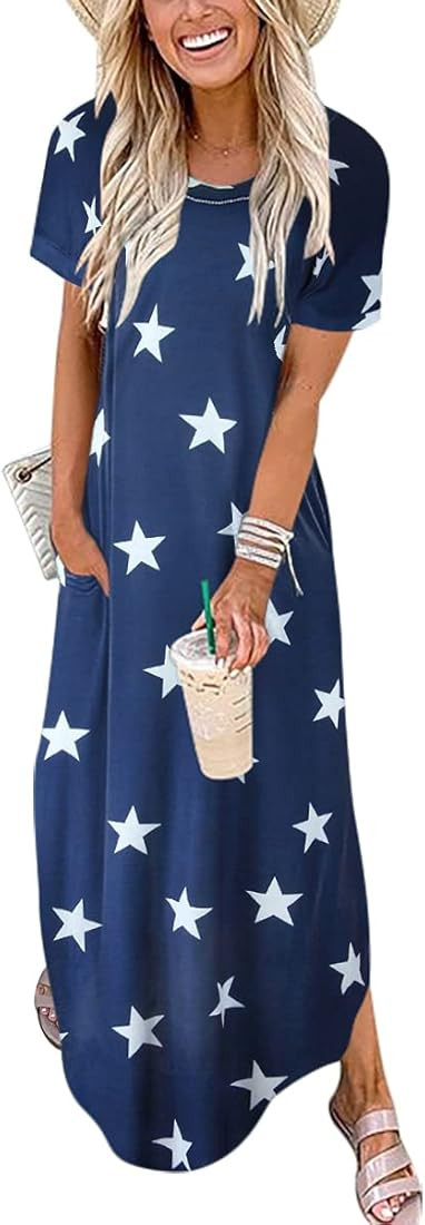 ANRABESS Women's Casual Loose Short Sleeve Long Dress Split Maxi Summer Beach Dress with Pockets | Amazon (US)