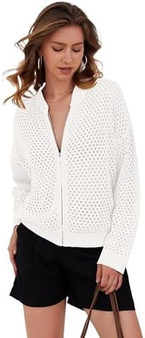 Womens Zip Up Crochet Cardigan Sweater Oversized Long Sleeve Hollow Out Knit Bomber Jacket Fishne... | Amazon (US)