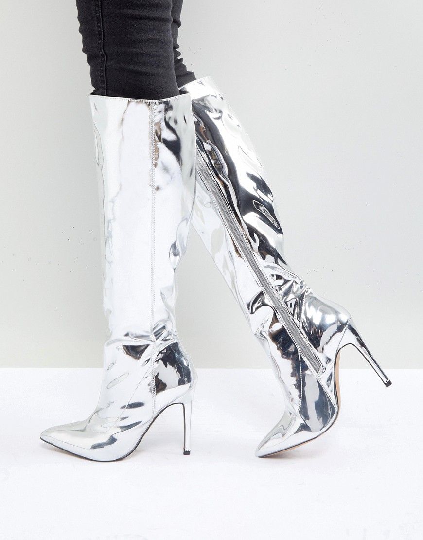 ASOS CAIDEN Pointed Knee High Boots - Silver | ASOS US