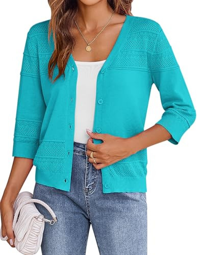 Zeagoo Womens Lightweight Summer Cropped Cardigan 3/4 Sleeve Button up Thin Bolero Crochet Knit Shrug Sweater Teal | Amazon (US)