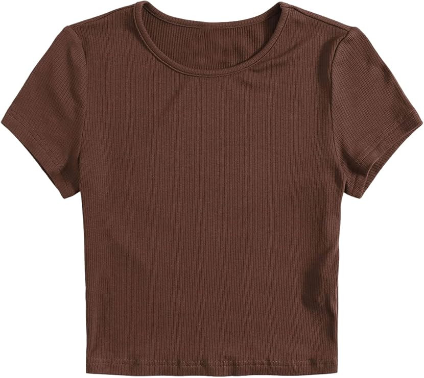 SweatyRocks Women's Solid Crew Neck Ribbed Knit Short Sleeve Crop Top T Shirts | Amazon (US)