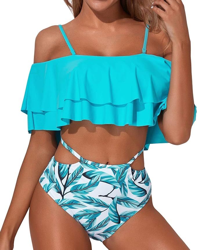 Tempt Me Women Two Piece High Waisted Bikini Set Swimsuit Tummy Control Bottoms Ruffle Off Should... | Amazon (US)