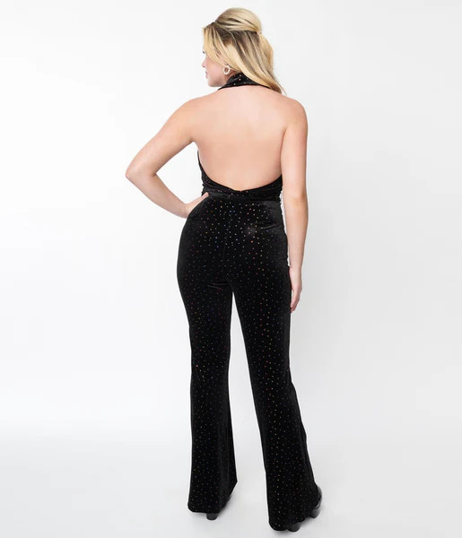 Smak Parlour 1970s Black Velvet & Rainbow Glitter Polka Dots Halter Jumpsuit | UniqueVintage