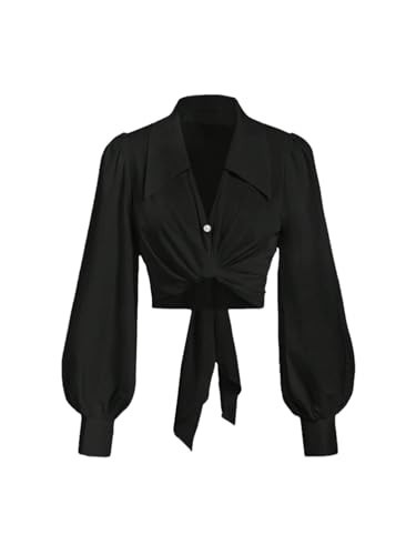 SweatyRocks Women's Button up Collar Cropped Shirt Long Sleeve Self Wrap Crop Top Blouse Black Medium | Amazon (US)