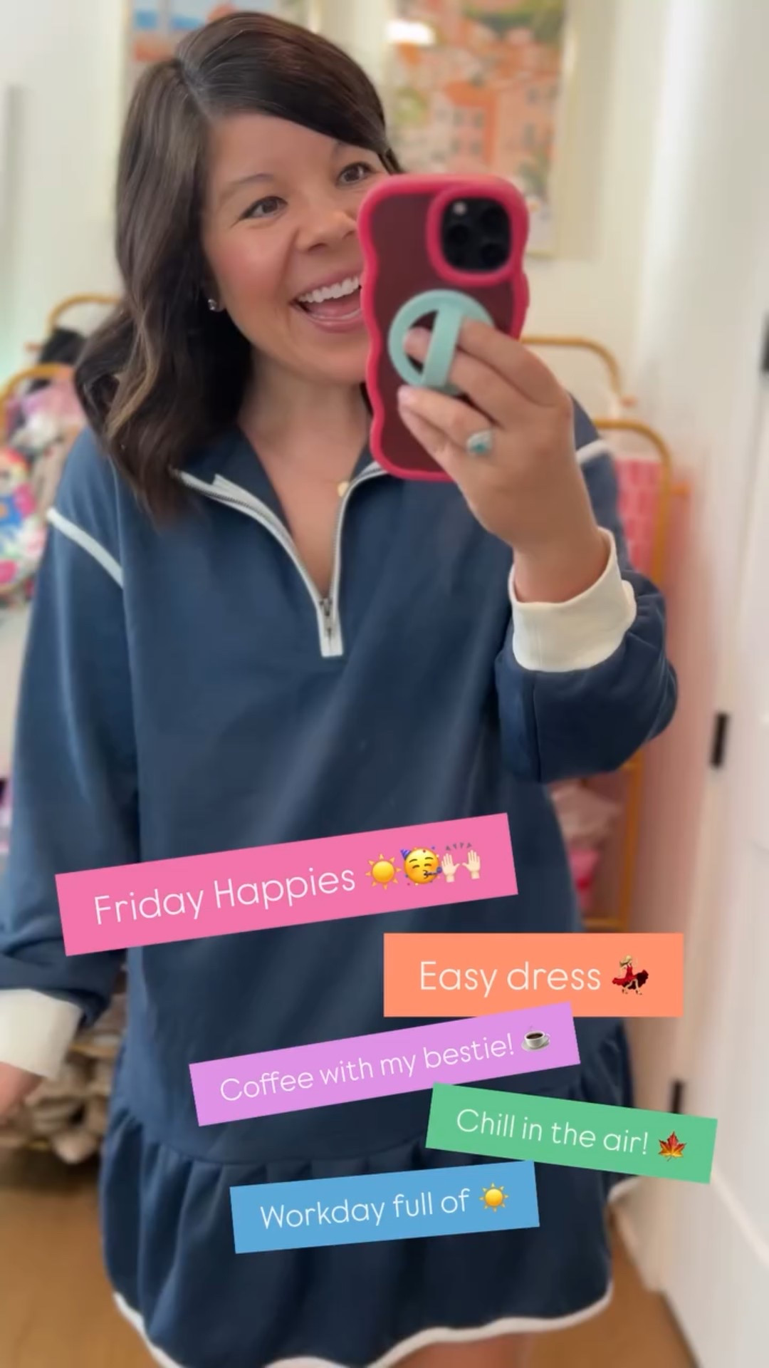 Friday Happies ☀️🥳🙌🏻 Easy dress 💃🏼 Coffee with my bestie! ☕️ Chill in the air! 🍁 Workday full of ☀️