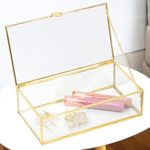 Clear Glass Decorative Box for Organizing Photos, Jewelry, Small Items - Golden Dresser Drawer Or... | Amazon (US)