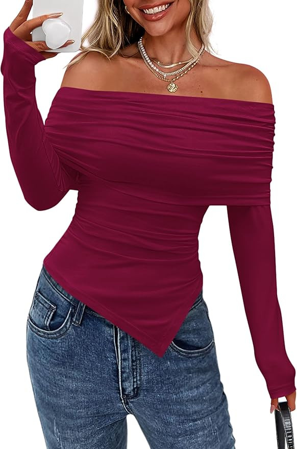 PRETTYGARDEN Off The Shoulder Tops for Women Fall Fashion 2025 Long Sleeve Shirts Going Out Slim ... | Amazon (US)
