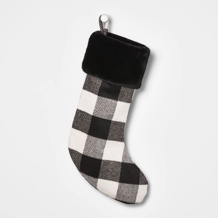 Buffalo Plaid Christmas Stocking with Faux Fur Cuff Black/Ivory - Wondershop™ | Target