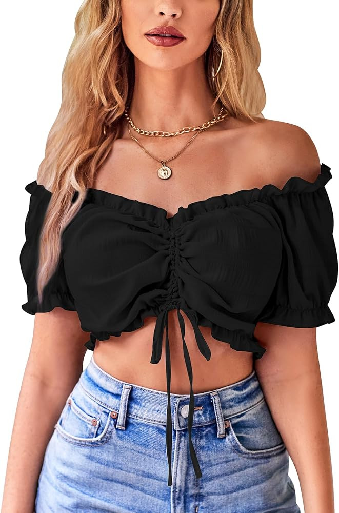 VIDUSSA Women's Ruffle Short Sleeve Crop Top V Neck Off Shoulder Ruched Shirt Blouse | Amazon (US)