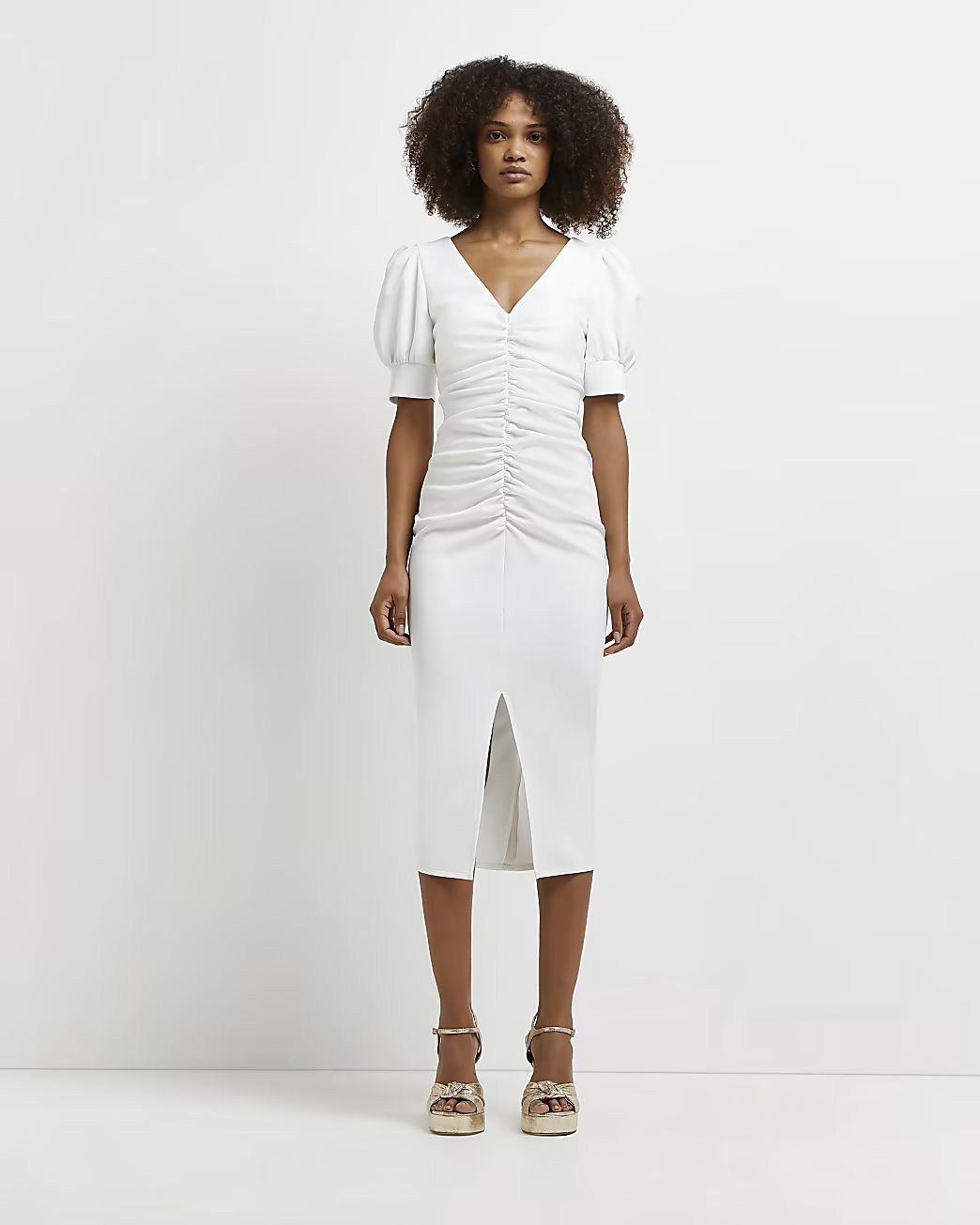White ruched bodycon midi dress | River Island (UK & IE)