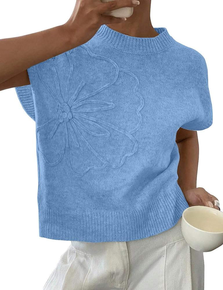 Womens Floral Sweater Vest Cute Cap Sleeve Tops 3D Flower Decor Knit Tank Top Loose Spring Fall S... | Amazon (US)