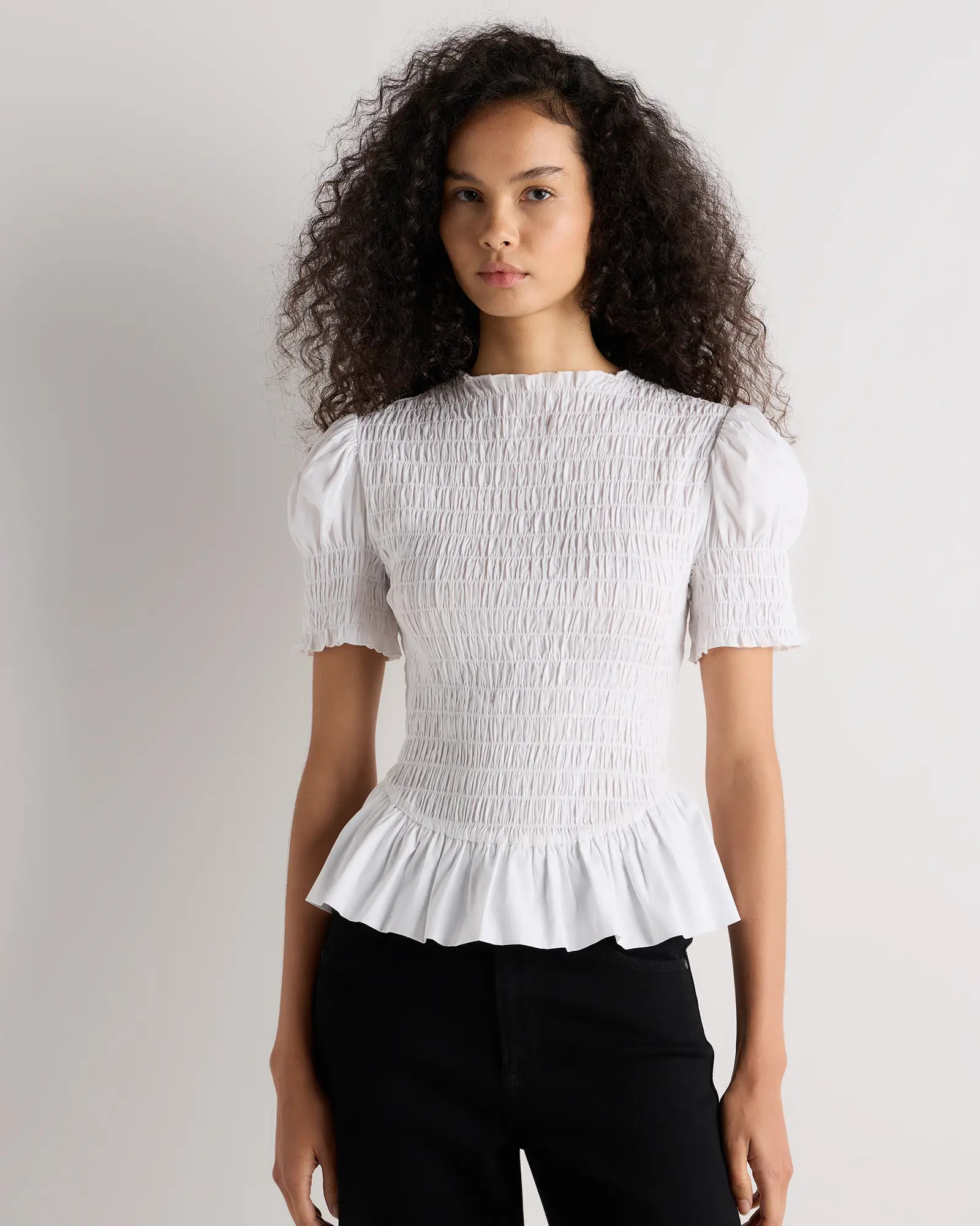 Cotton Viscose Voile Smocked Peplum Top | Quince
