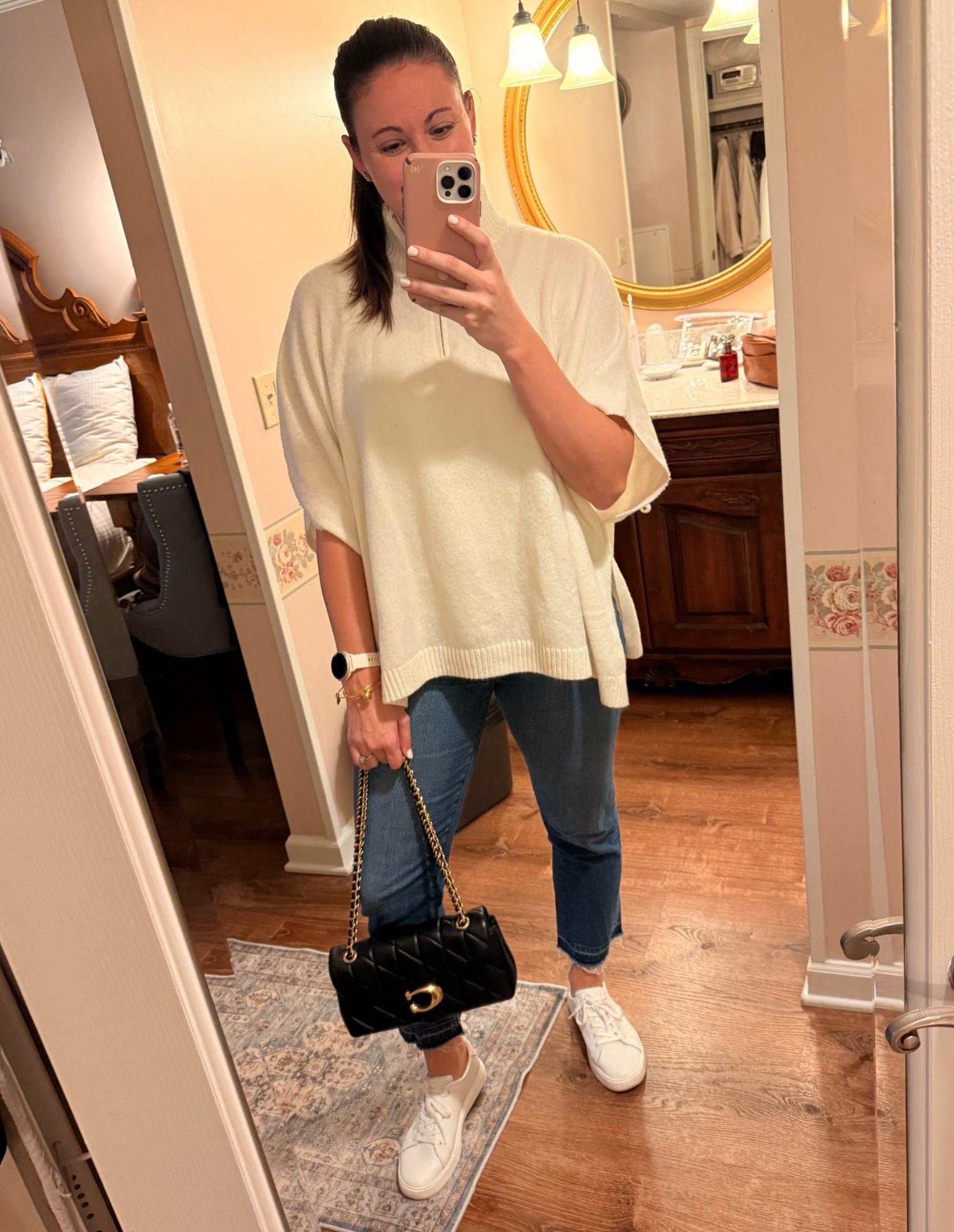 Casual look for fall that’s perfect for a full day or events as well as a casual date night out or drinks with the girls! I am so into ponchos right now and this one from @jcrew is perfection! I love these jeans from LOFT and my @coach tabby is a must-have!