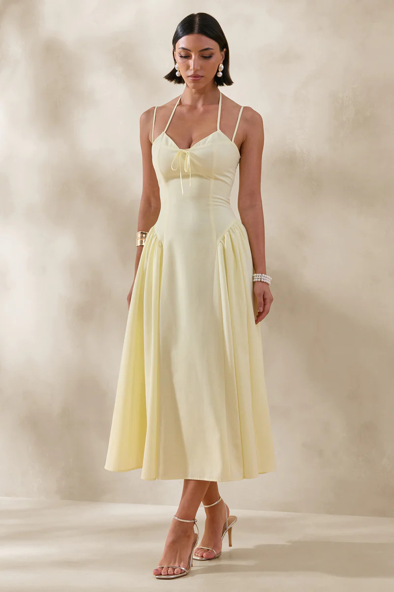 Audrey  Lemon Sweetheart-Neck Midi Dress With Ruching Detail | Club L London