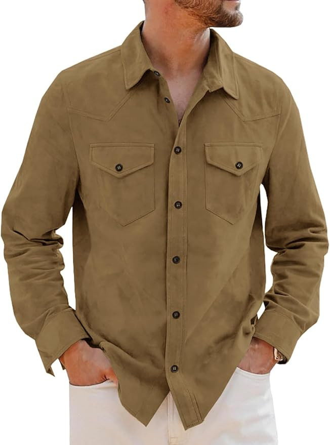 Runcati Mens Long Sleeve Suede Shirts Button Down Shacket Casual Work Western Regular Fit Shirt J... | Amazon (US)