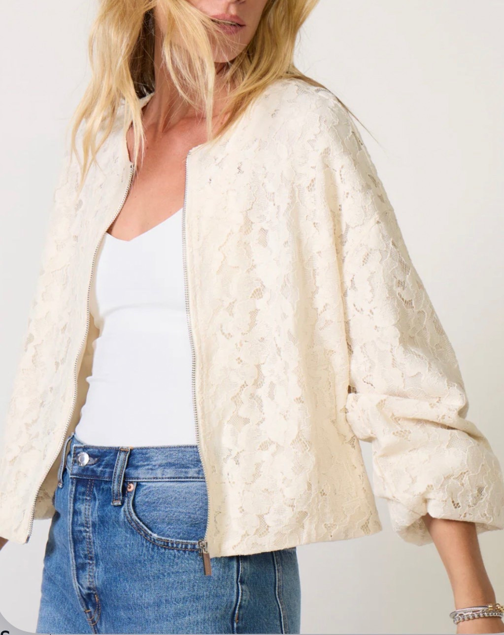 Lace bomber jacket 
Jacket
White jacket 
Jeans 

#LTKSeasonal #LTKdayinmylife