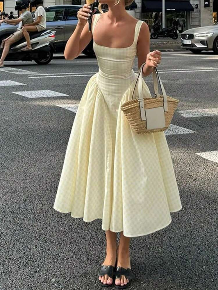 Siren Gaze Elegant Ladies Yellow Gingham Pattern Long Dress With Square Neck And Crisscross Back ... | SHEIN