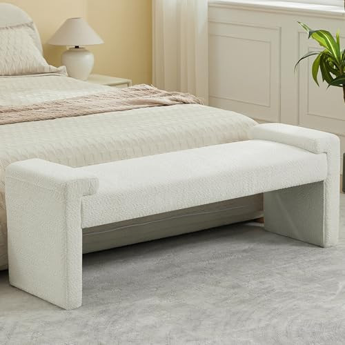 WUTUTUEE 58.7" End of Bed Bench Upholstered Modern Bedroom Bench for Living Room & Entryway, Easy Assembly, Footrest Ottoman Accent Window Bench with Solid Wood Frame & Curved Arm, White | Amazon (US)