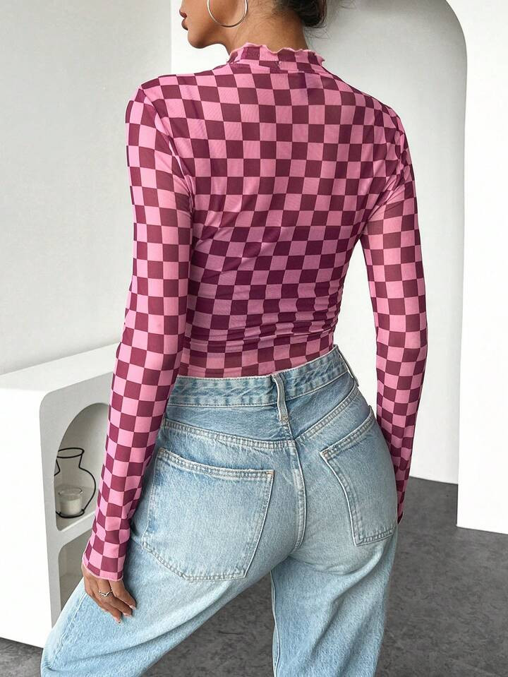 INAWLY Women's Spring & Autumn Ruffled Collar Long Sleeve Casual Checkerboard Blouse | SHEIN